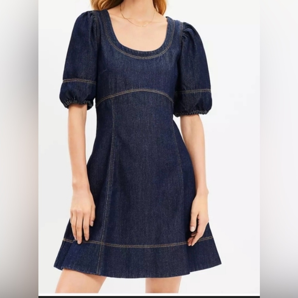 Dark Blue LOFT Denim Dress With Puff Sleeves SKU442